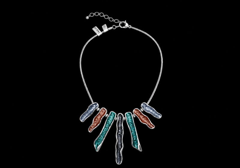 A Silvered Metal Chain Necklace With Seven Graduated Length, Enamel Painted Patterned Pendants, In Four Different Colours.