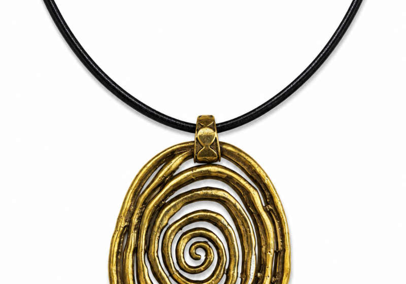A Golden Metal Coiled Band Pendant On A Long Dark Brown Braided Leather Band Necklace.