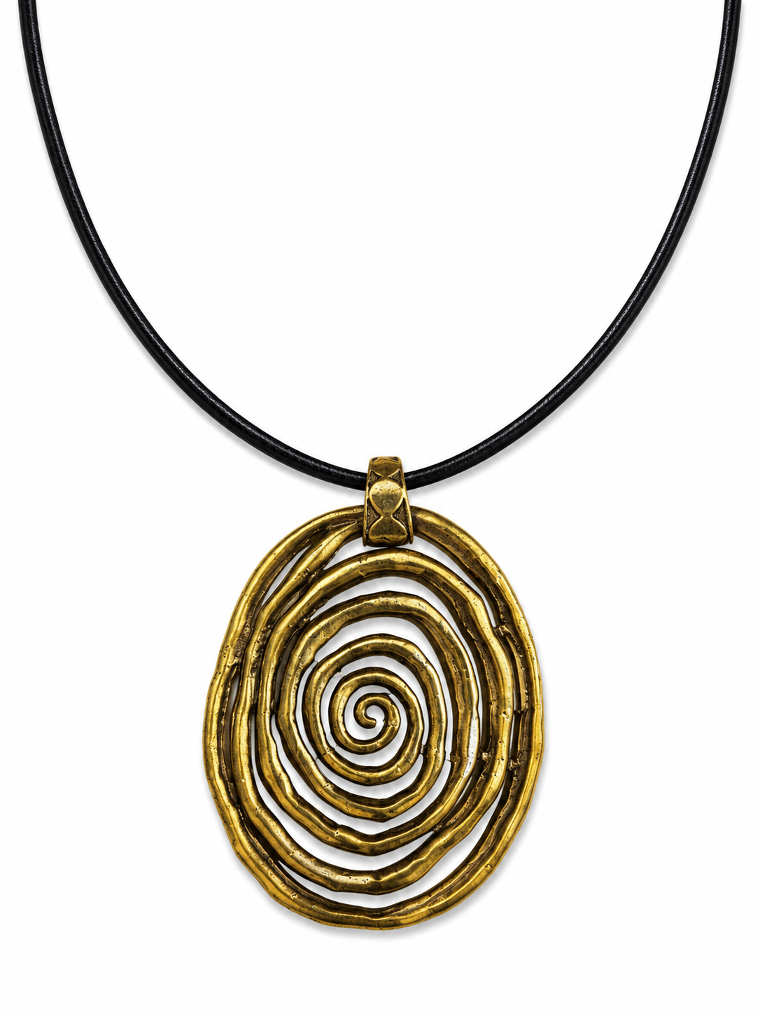 A Golden Metal Coiled Band Pendant On A Long Dark Brown Braided Leather Band Necklace.