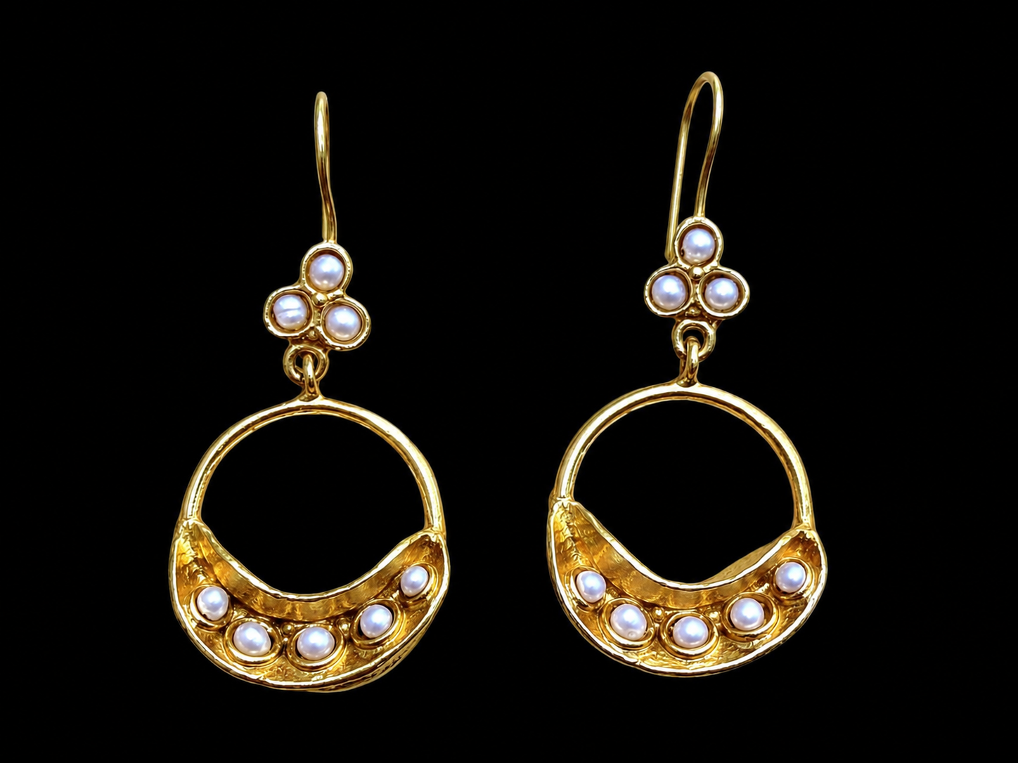 A Pair Of Gold Plated Star Fruit Curved Ridged Bands Earrings, Inlaid With White Freshwater Pearls, On A Gold Plated Wire Hook.