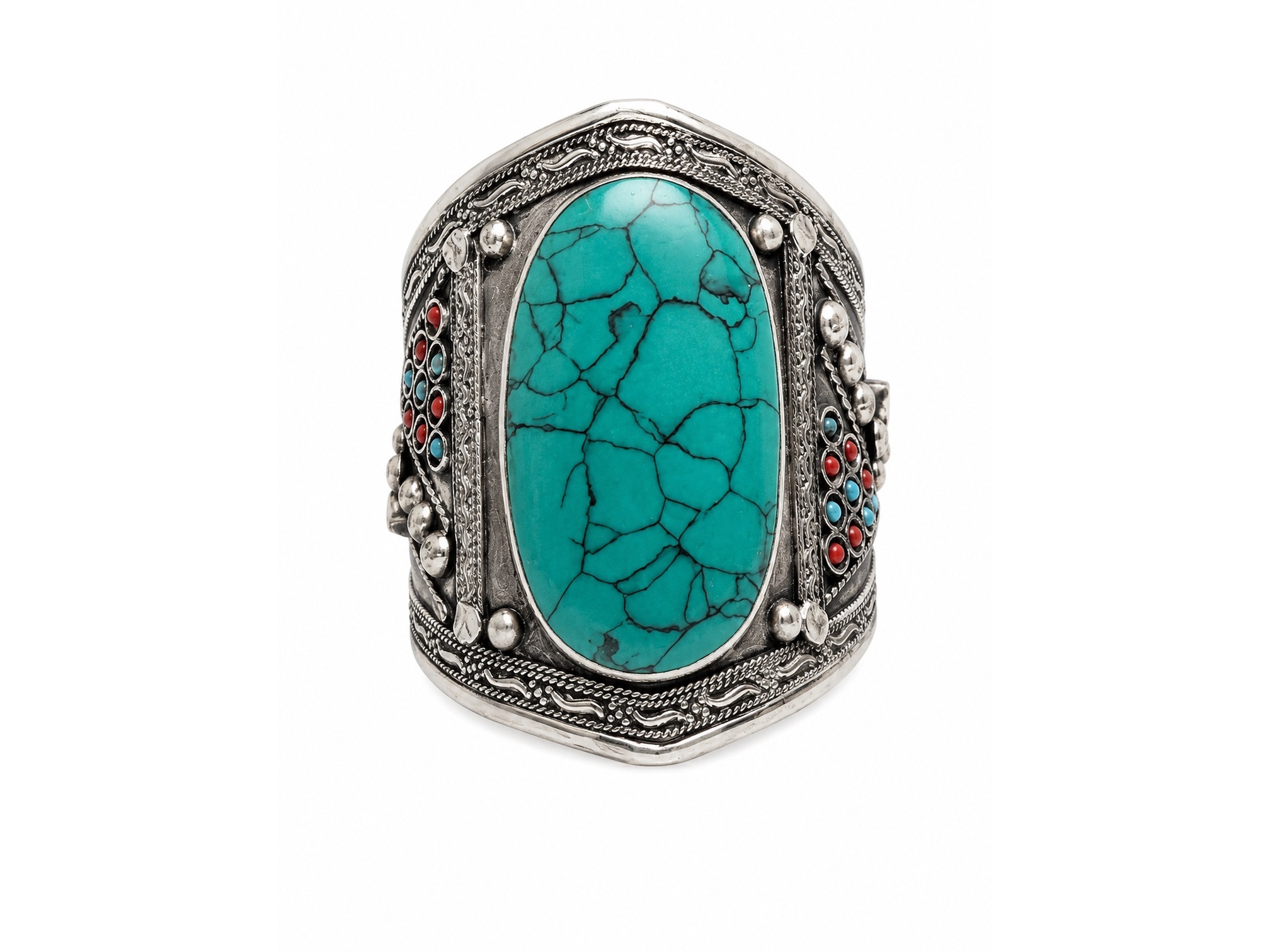 An Afghan Silvered Metal Open Cuff, Inlaid With A Turquoise Dyed Howlite Domed Oval Panel And Small Round Blue And Red Glass Beads.