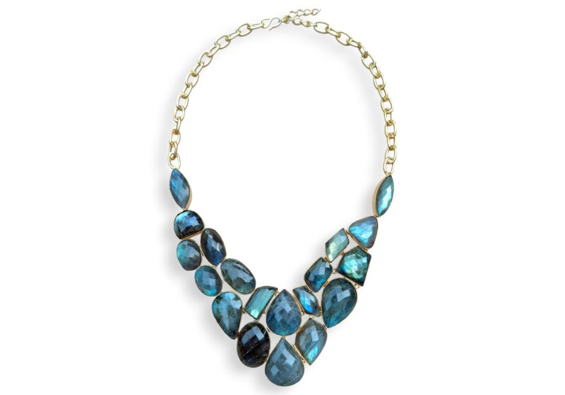 A Gold Plated Chain Necklace With A Triangular Base Of Linked, Mixed Shaped And Sized, Labradorite  Facetted Cabochons.