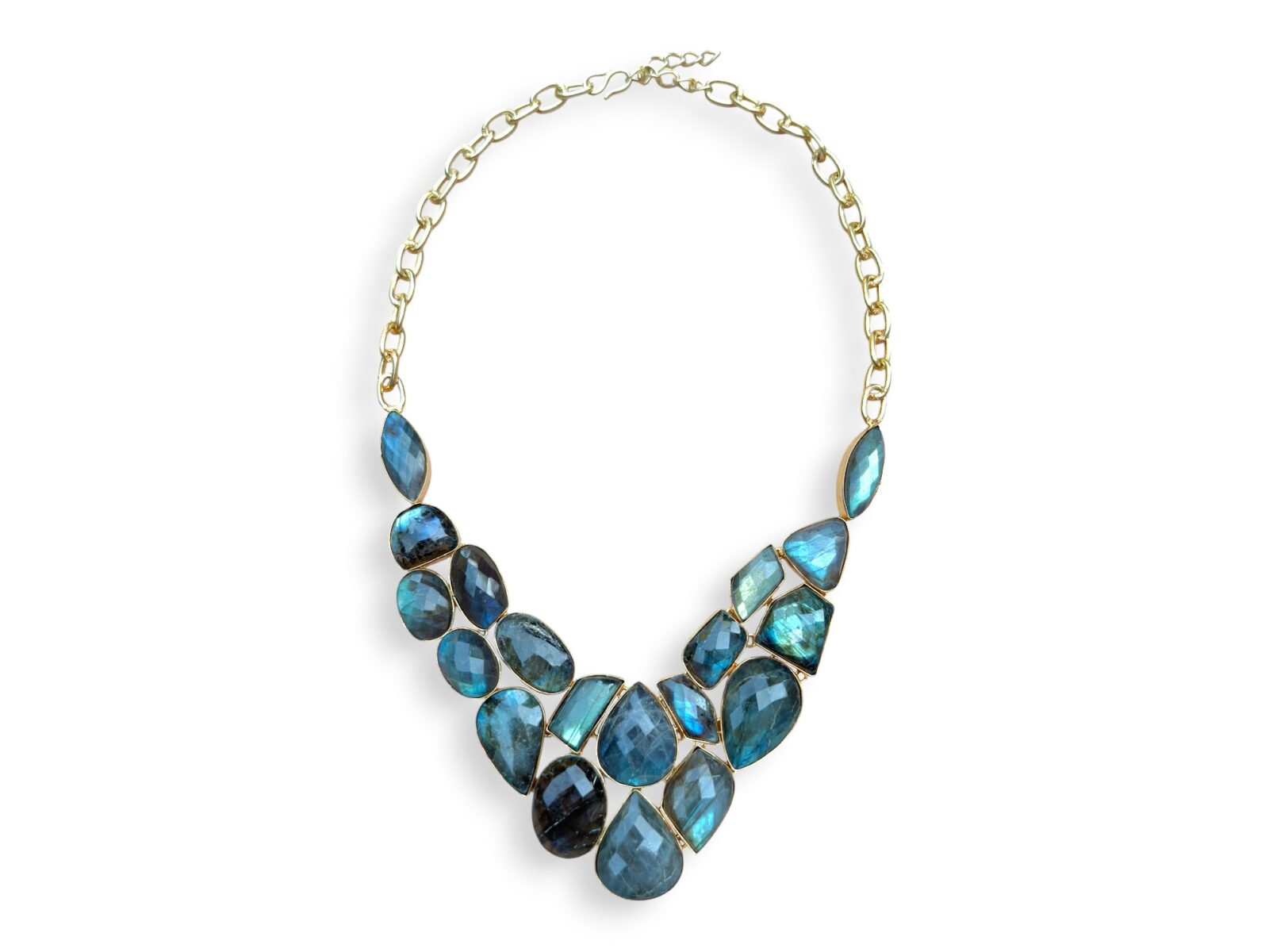 A Gold Plated Chain Necklace With A Triangular Base Of Linked, Mixed Shaped And Sized, Labradorite Facetted Cabochons.