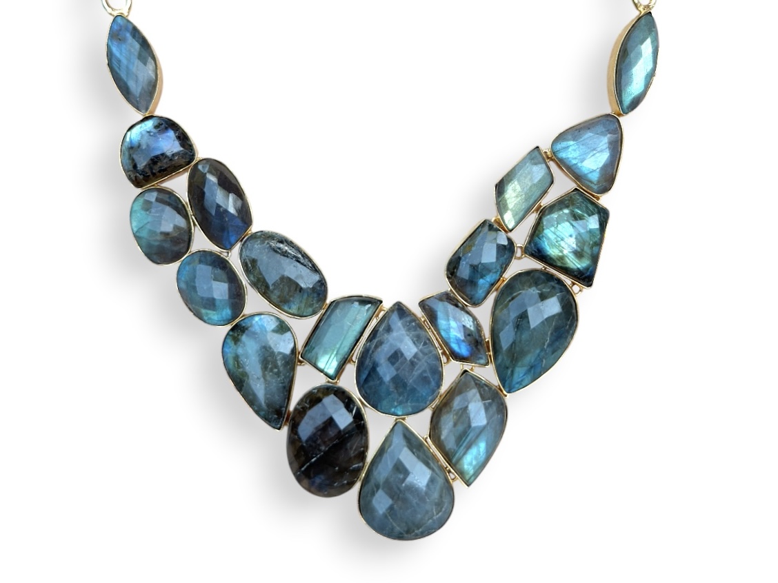 A Gold Plated Chain Necklace With A Triangular Base Of Linked, Mixed Shaped And Sized, Labradorite Facetted Cabochons. - Image 2