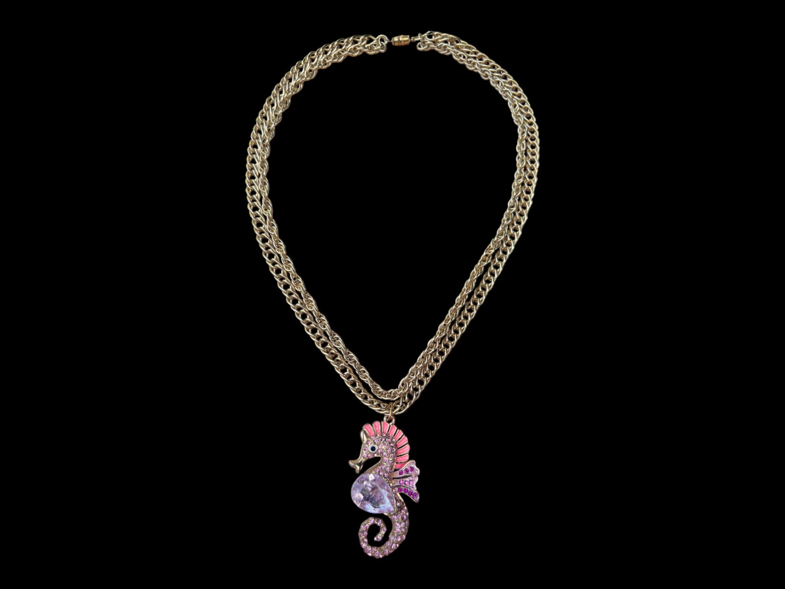 A Golden Metal Two Chains Long Necklace With A Seahorse Pendant Inlaid With Pink And Purple Facetted Glass Beads. - Image 2