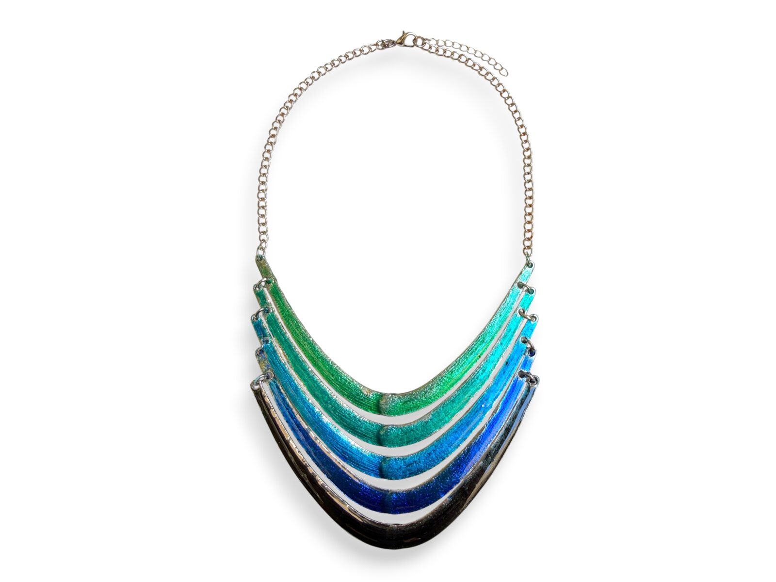 A Silvered Metal Chain Necklace With Five Curved Tapered Linked Bars, Each Bar Enamel Painted In A Different Colour.