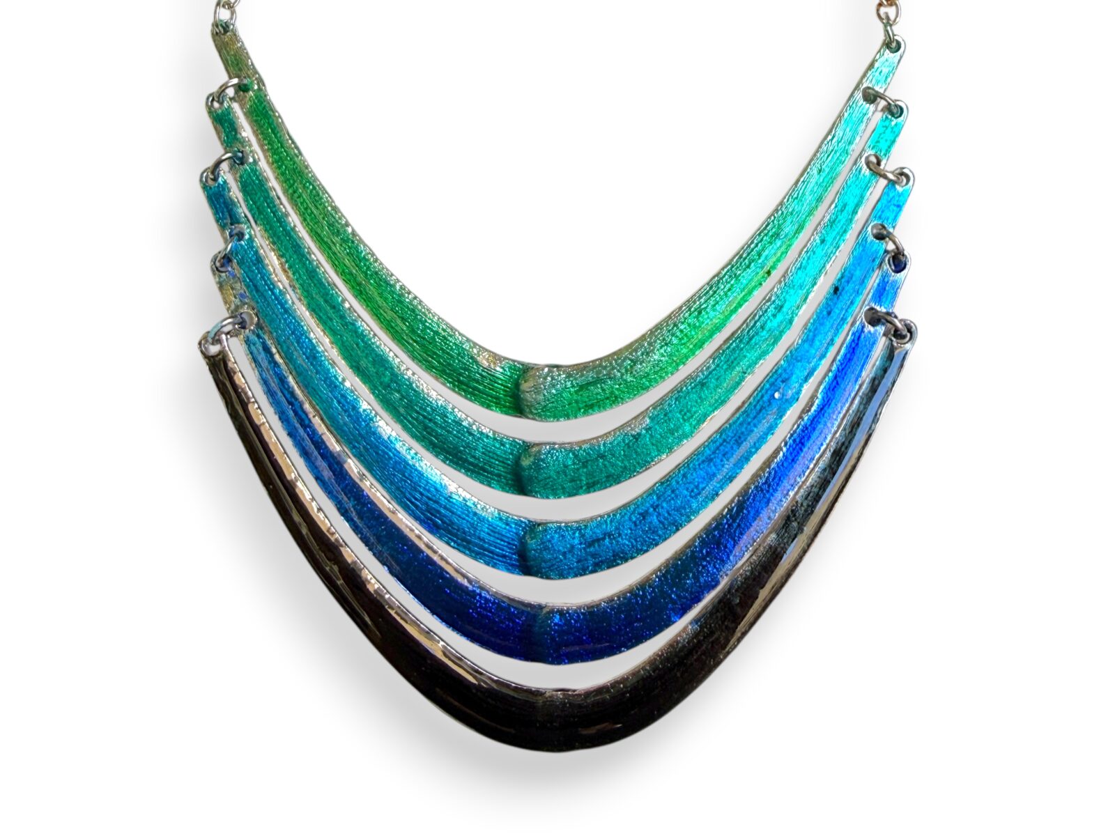 A Silvered Metal Chain Necklace With Five Curved Tapered Linked Bars, Each Bar Enamel Painted In A Different Colour. - Image 2