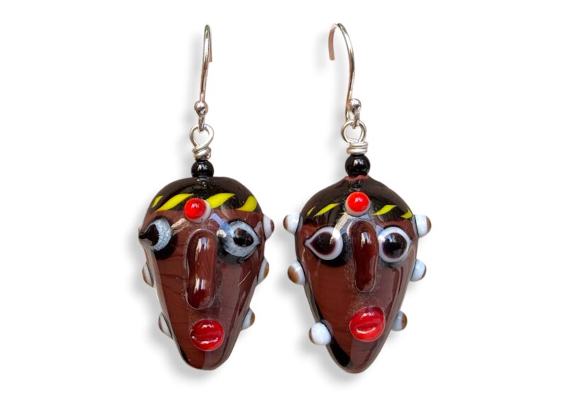 A Pair Of Javanese Two Faces Multicoloured  Glass Bead Earrings. Indonesia.