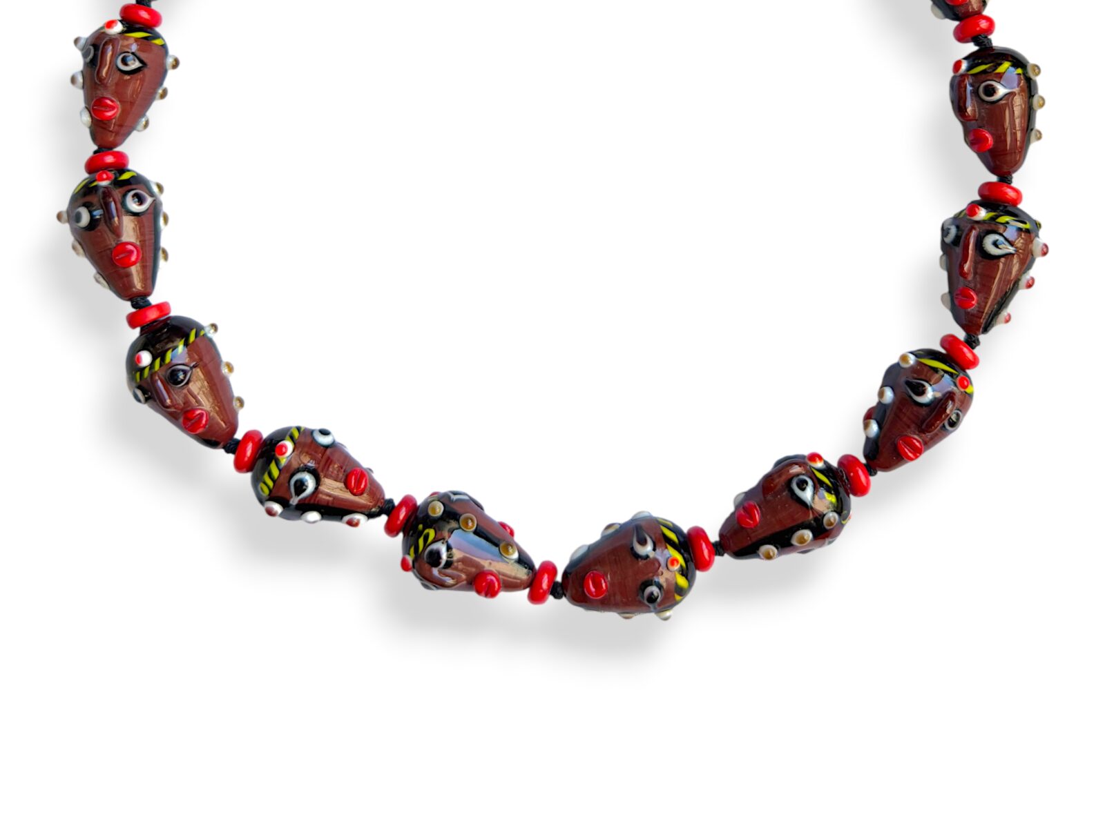 A Knotted Necklace Of Sixteen Javanese Glass Two Faces Beads With Red Glass Circular Spacers. Indonesia. - Image 2