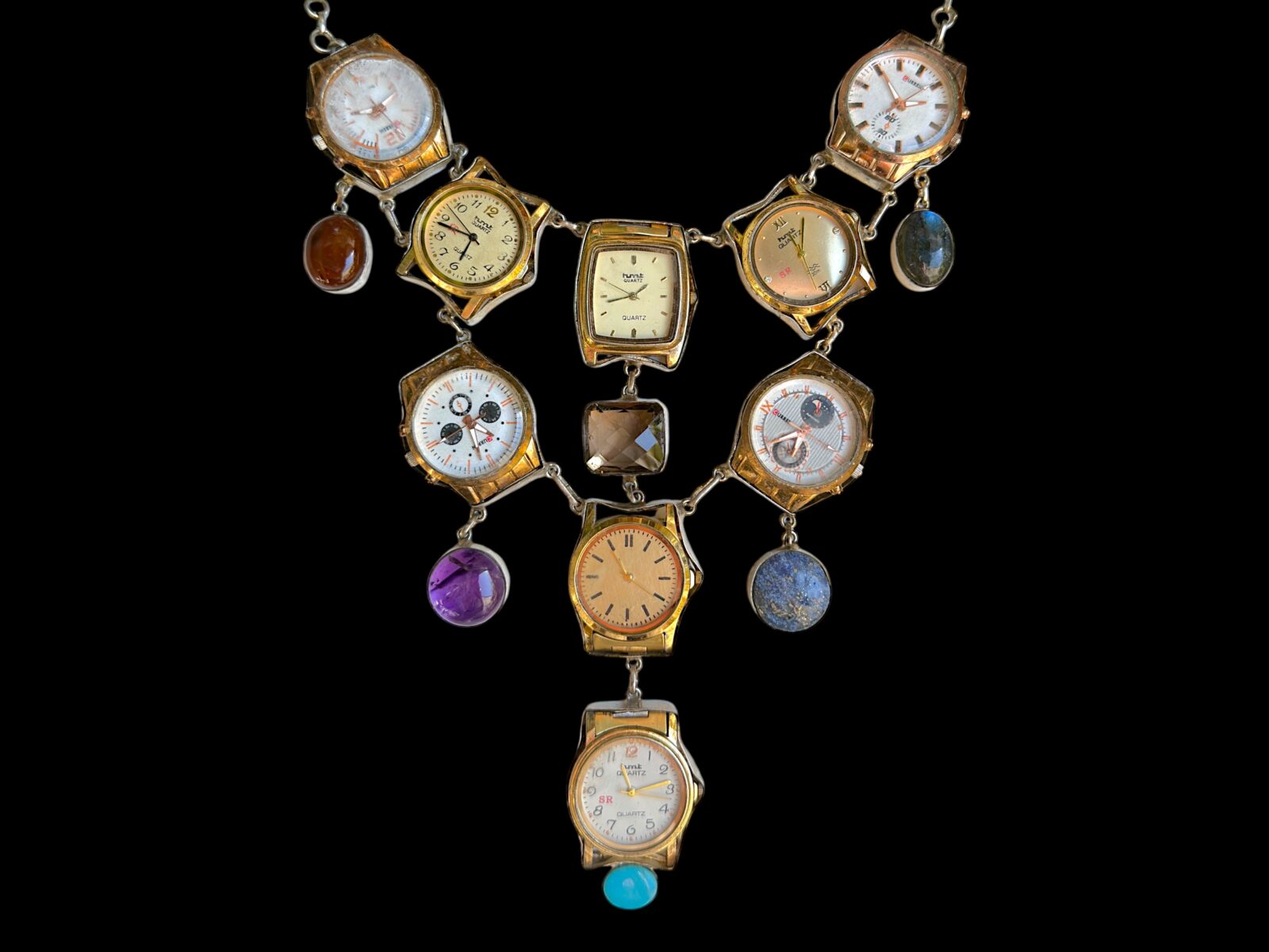 A Long Silvered Metal Chains Necklace With Nine Vintage Watch Faces And Six Semi-Precious Cabochon Pendants. - Image 2