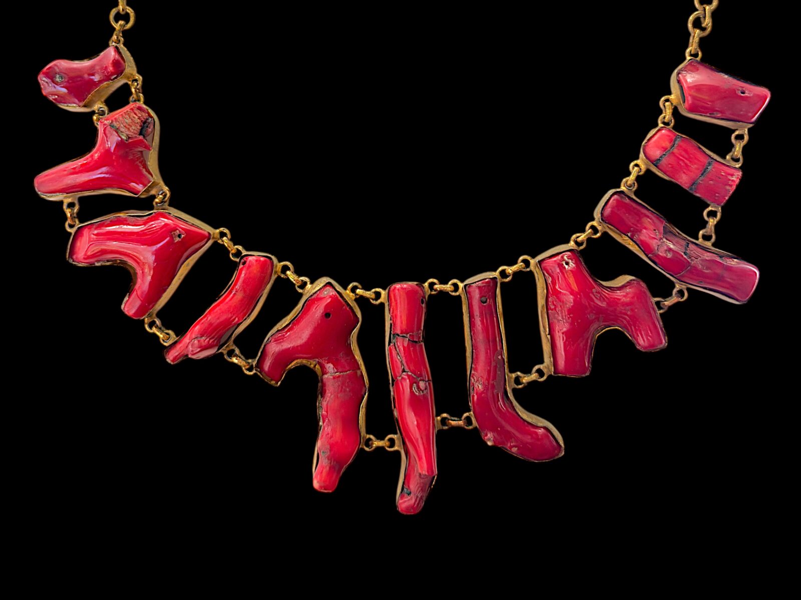 A Golden Metal Chain Necklace With Linked Red Dyed Sea Bamboo Coral Irregular Shaped Branches, Each Set In A Golden Metal Frame. - Image 2