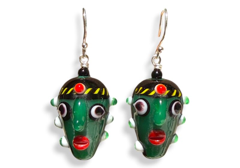 A Pair Of Green Javanese Two Faces Multicoloured  Glass Bead Earrings. Indonesia.
