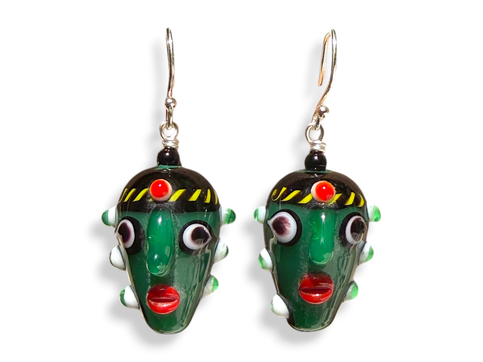 A Pair Of Green Javanese Two Faces Multicoloured Glass Bead Earrings. Indonesia.