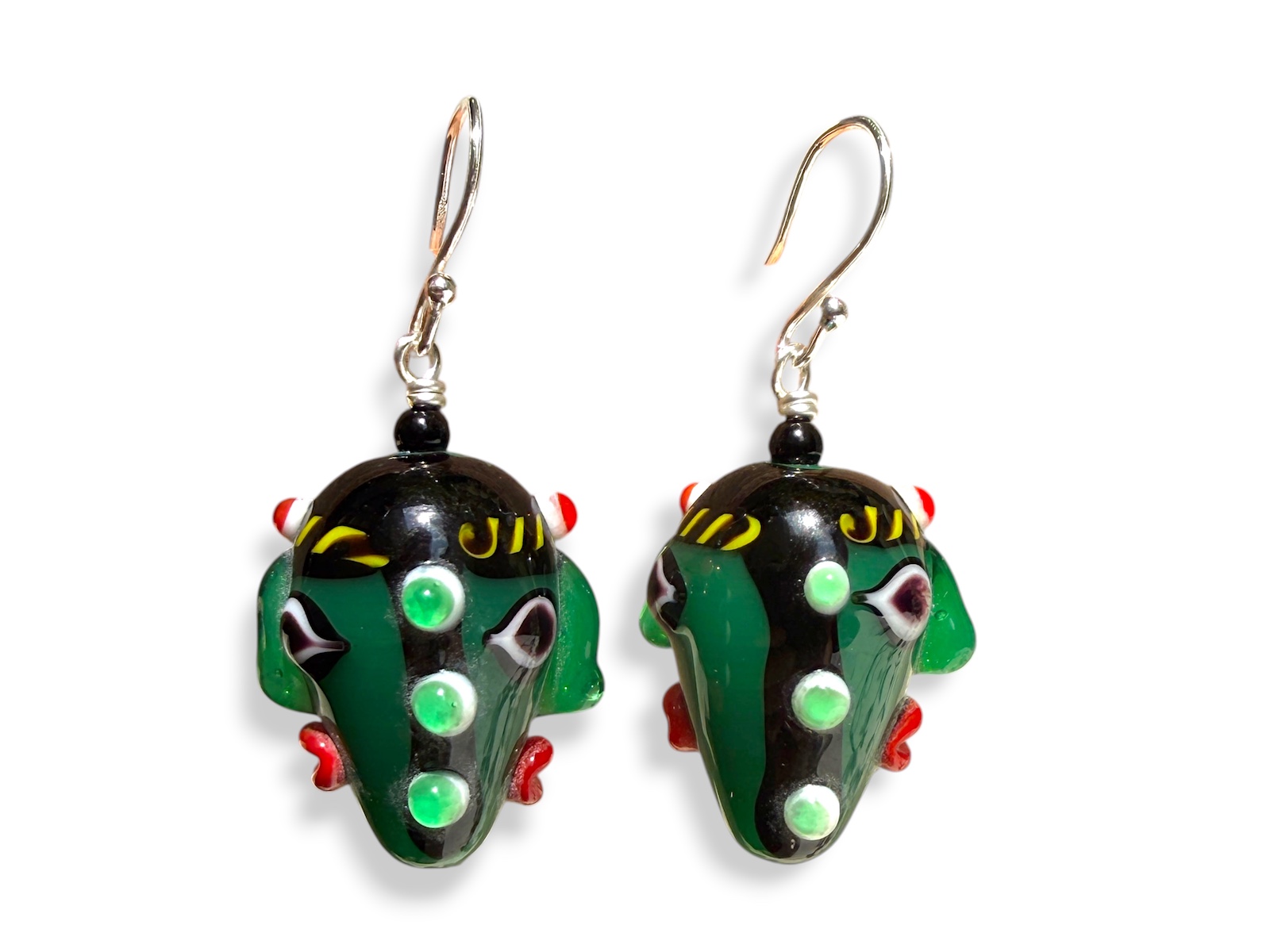 A Pair Of Green Javanese Two Faces Multicoloured Glass Bead Earrings. Indonesia. - Image 2
