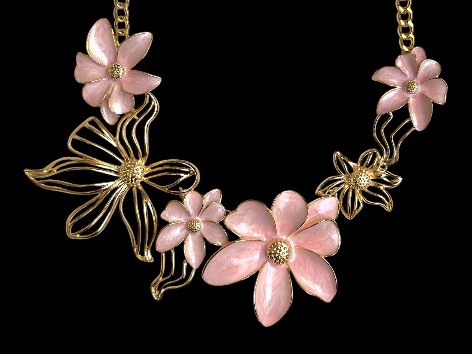 A Golden Metal Chain Necklace With Four Pink Enamelled Magnolia Flowers And Two Golden Metal Bands Magnolia Flowers. - Image 2