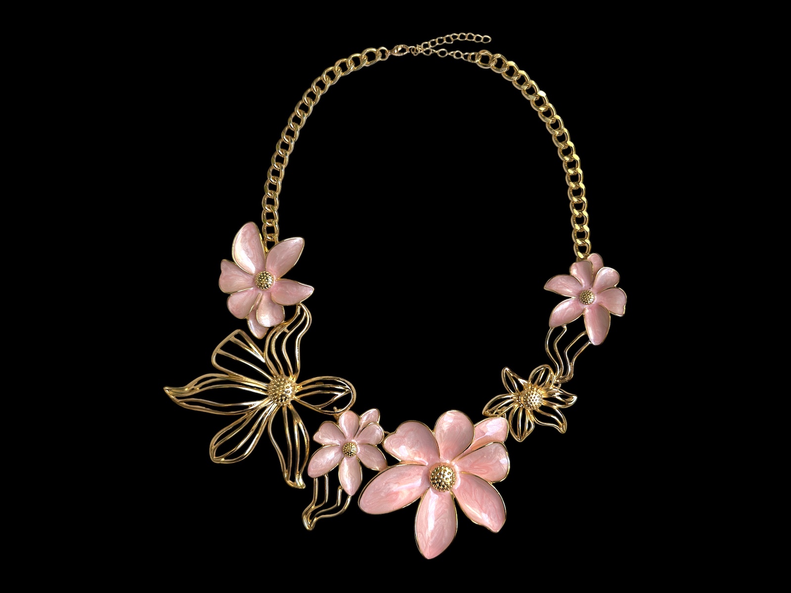 A Golden Metal Chain Necklace With Four Pink Enamelled Magnolia Flowers And Two Golden Metal Bands Magnolia Flowers.