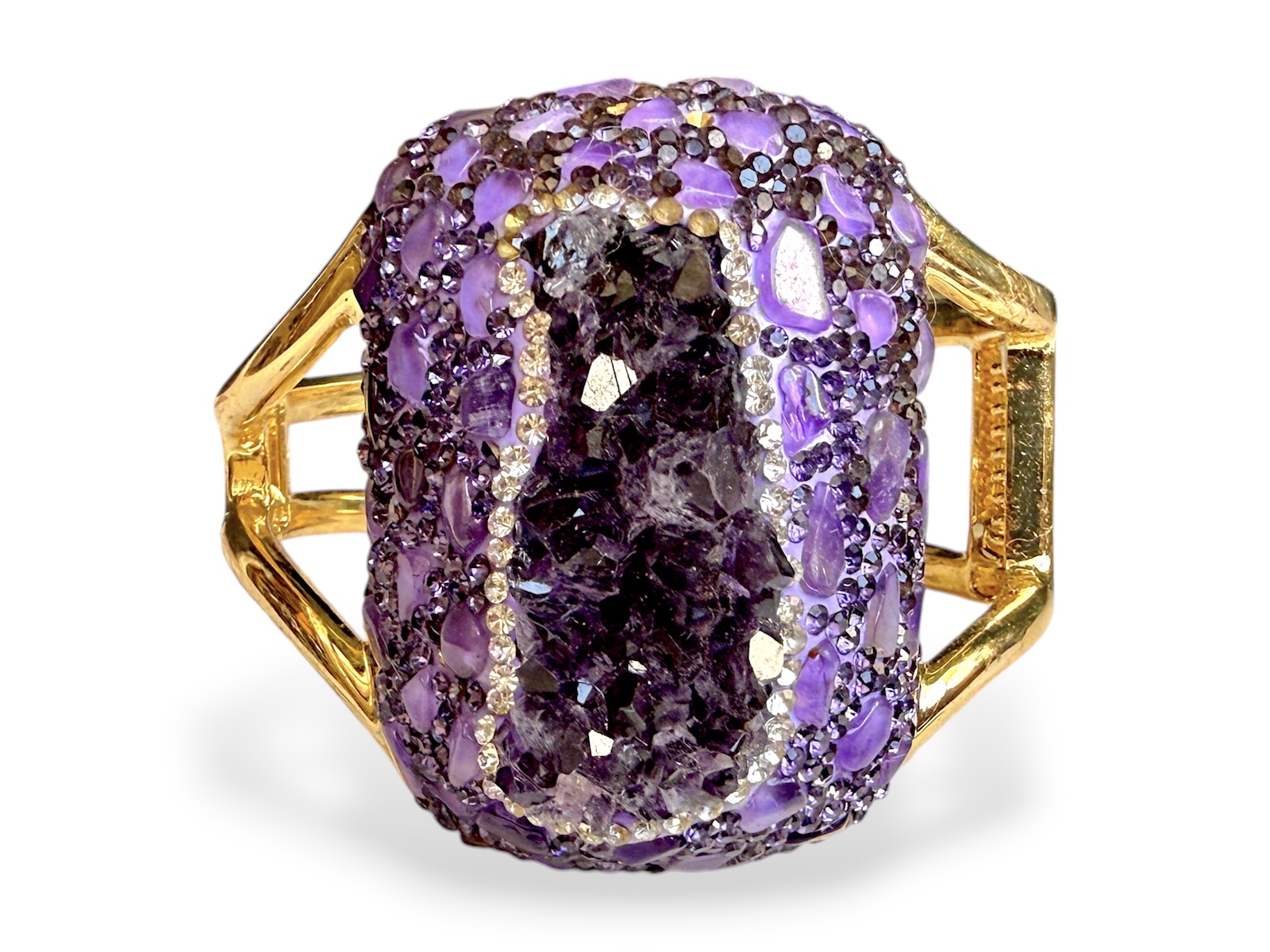 A Golden MetalTwo Band Hinged Bangle With A Large Domed Rectangular Panel, Inlaid With Amethyst Crystals.