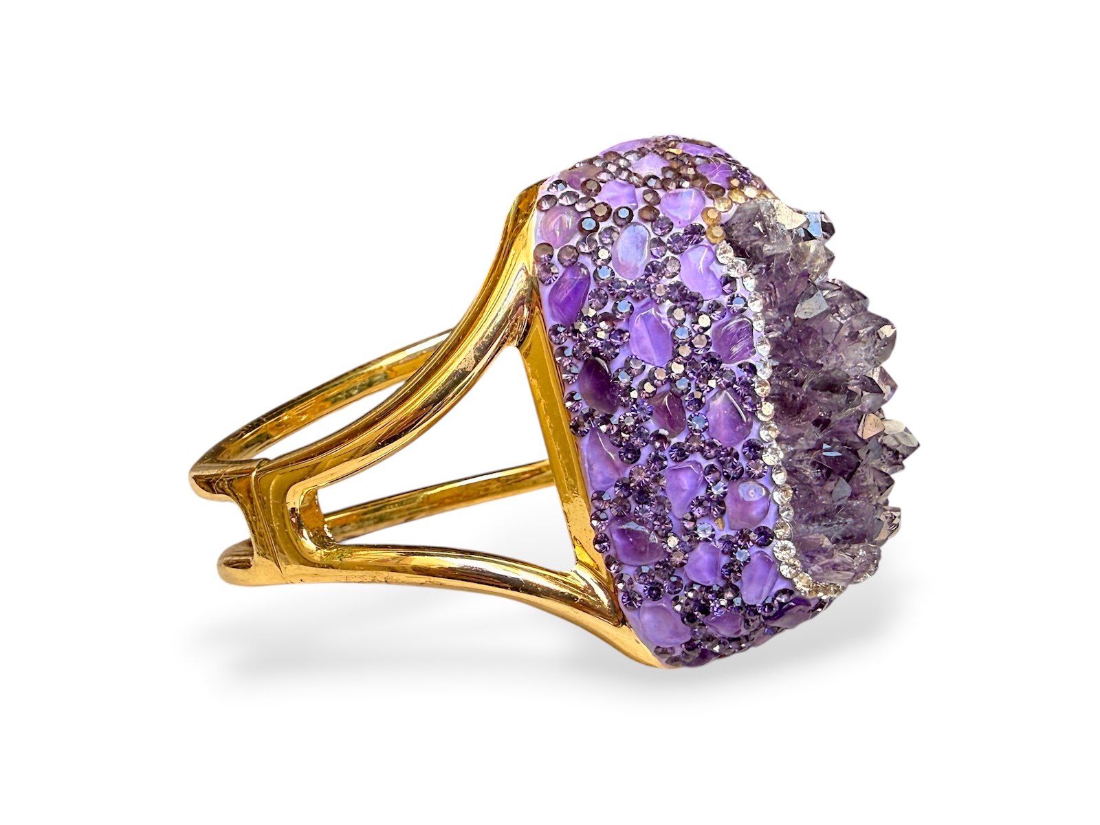 A Golden MetalTwo Band Hinged Bangle With A Large Domed Rectangular Panel, Inlaid With Amethyst Crystals. - Image 2
