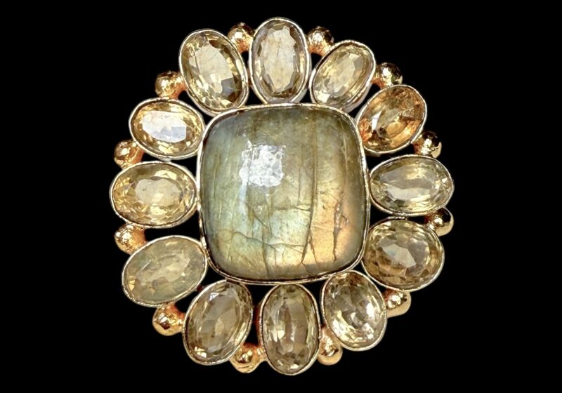 Gold Plated Adjustable Ring With Square Labradorite Centre And Facetted Oval Citrine Cabochons