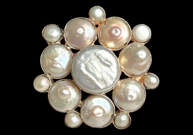 Gold Plated Adjustable Flower Shaped Ring With White Circular And Coin Freshwater Pearls