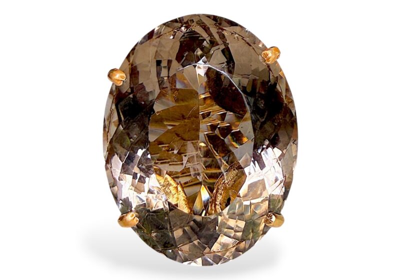 Large Oval Facetted Smokey Quartz Cabochon Set In Gold Plated Adjustable Deep Ring