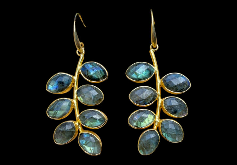 A Pair Of Gold Plated Earrings, Each With Seven 'Leaves' Of Facetted Labradorite Pointed Oval Inlays.