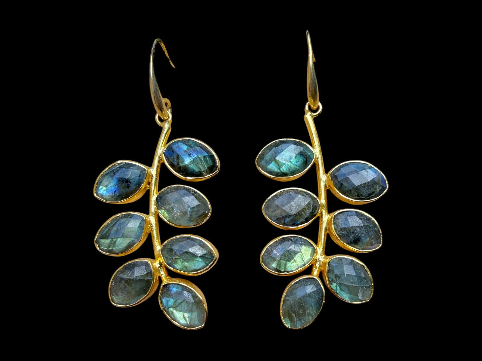 A Pair Of Gold Plated Earrings, Each With Seven 'Leaves' Of Facetted Labradorite Pointed Oval Inlays.