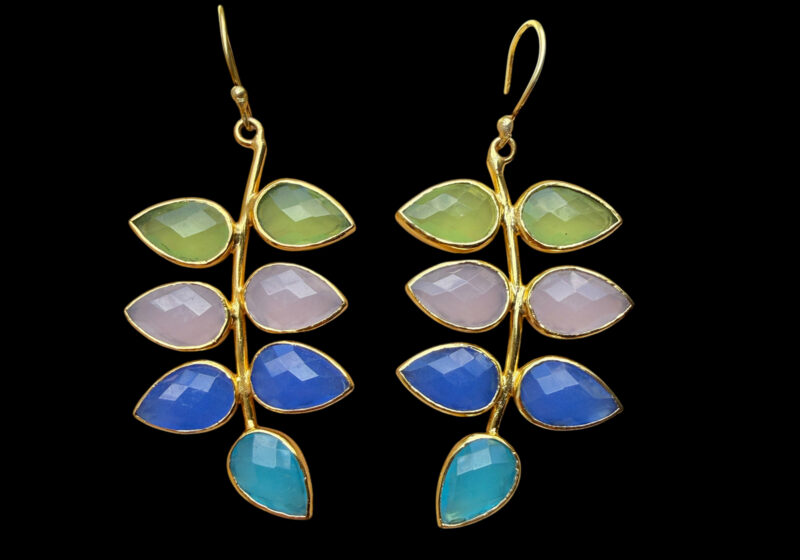 A Pair Of Gold Plated Earrings, Each With Seven 'Leaves' Of Multicoloured Facetted Glass Pointed Oval Inlays.