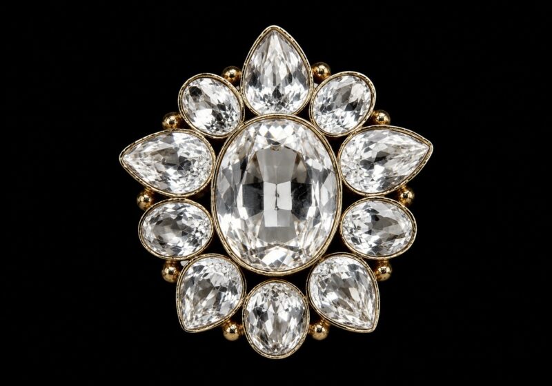A Large Gold Plated Flower Shaped Ring With Eleven Facetted Rock Crystal Mixed Shaped Cabochons, Each Set In A Gold Plated Frame.
