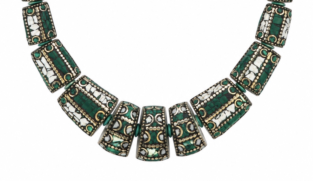 A Nepalese Necklace Of Silvered Metal Barrel Beads, Inlaid With Green And White Glass Slices. - Image 2