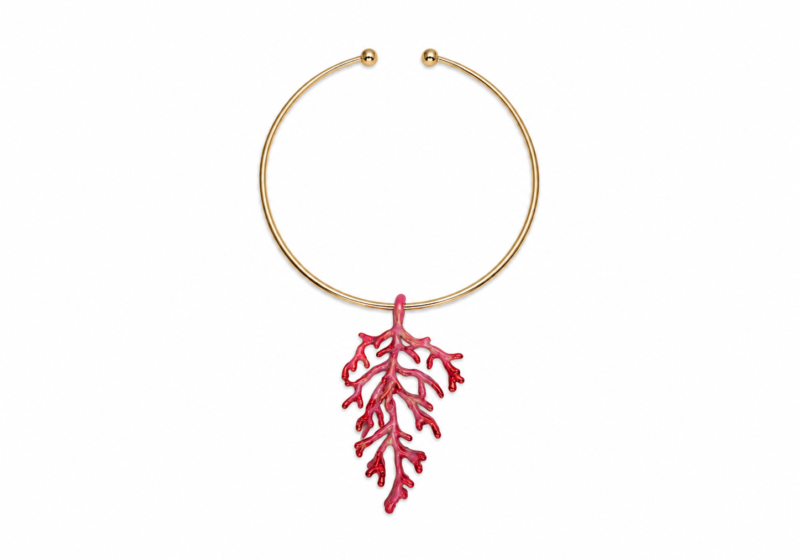 A Pink Painted Golden Metal 'Coral' Branches Pendant On A Golden Metal Circular Band Torque Necklace.