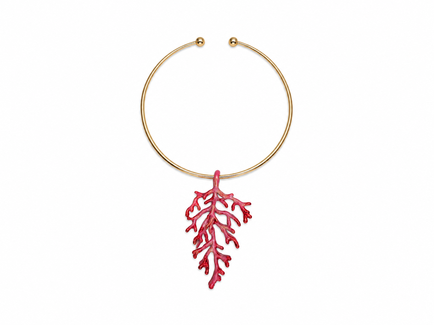 A Pink Painted Golden Metal 'Coral' Branches Pendant On A Golden Metal Circular Band Torque Necklace.