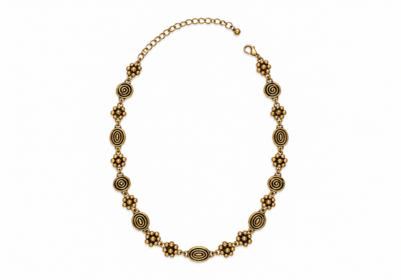 A Golden Metal Necklace Of Grooved Oval Panels And Circular 'Flower' Panels Of 8 Small Round Beads.