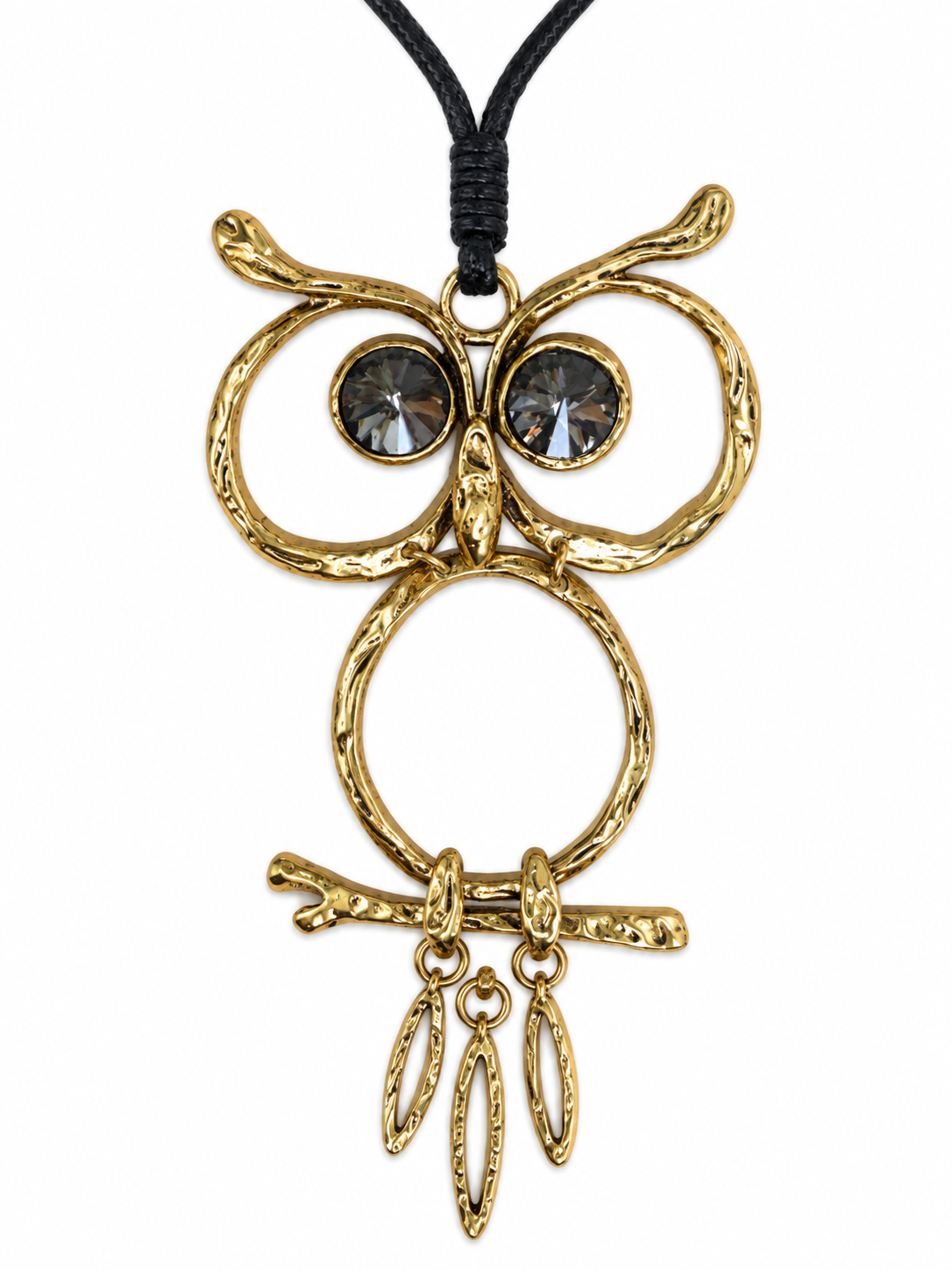 A Golden Metal Pendant Of An Owl With Black Faceted Glass Eyes.