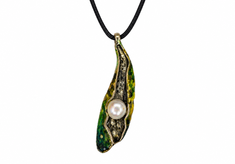A Green Enamelled Silvered Metal Pendant Of A Leaf With A White Round Glass 'Faux Pearl'.