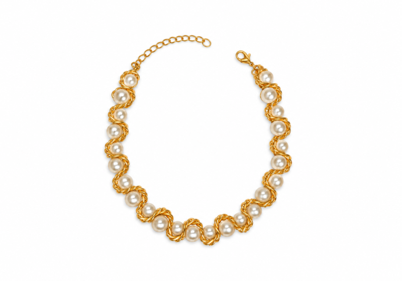 A Golden Metal Chain Necklace With White Faceted Glass Round 'Faux Pearls'.