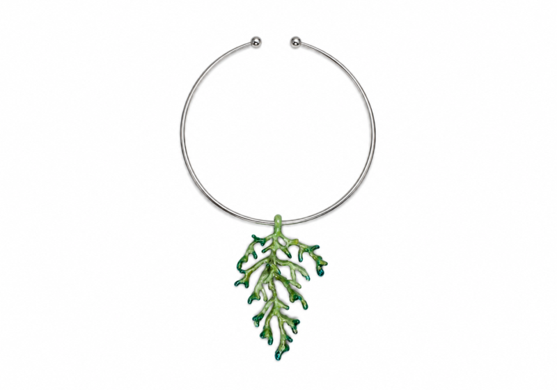A Green Painted Silvered Metal 'Coral' Branches Pendant On A Silvered Metal Circular Band Torque Necklace.