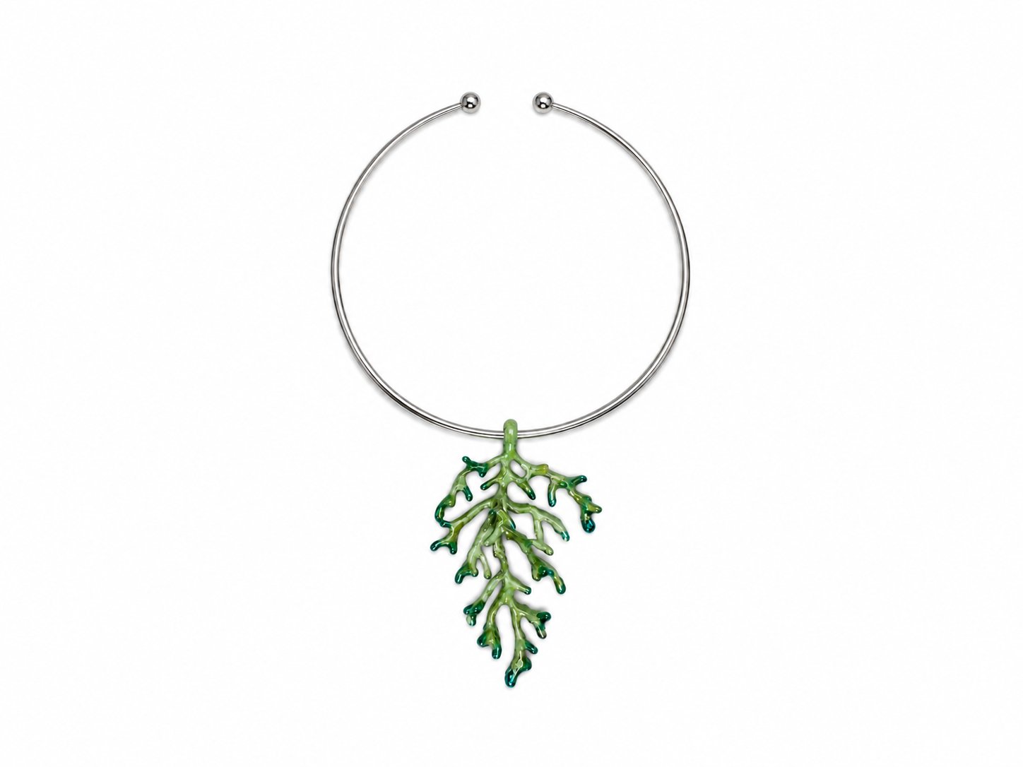 A Green Painted Silvered Metal 'Coral' Branches Pendant On A Silvered Metal Circular Band Torque Necklace.