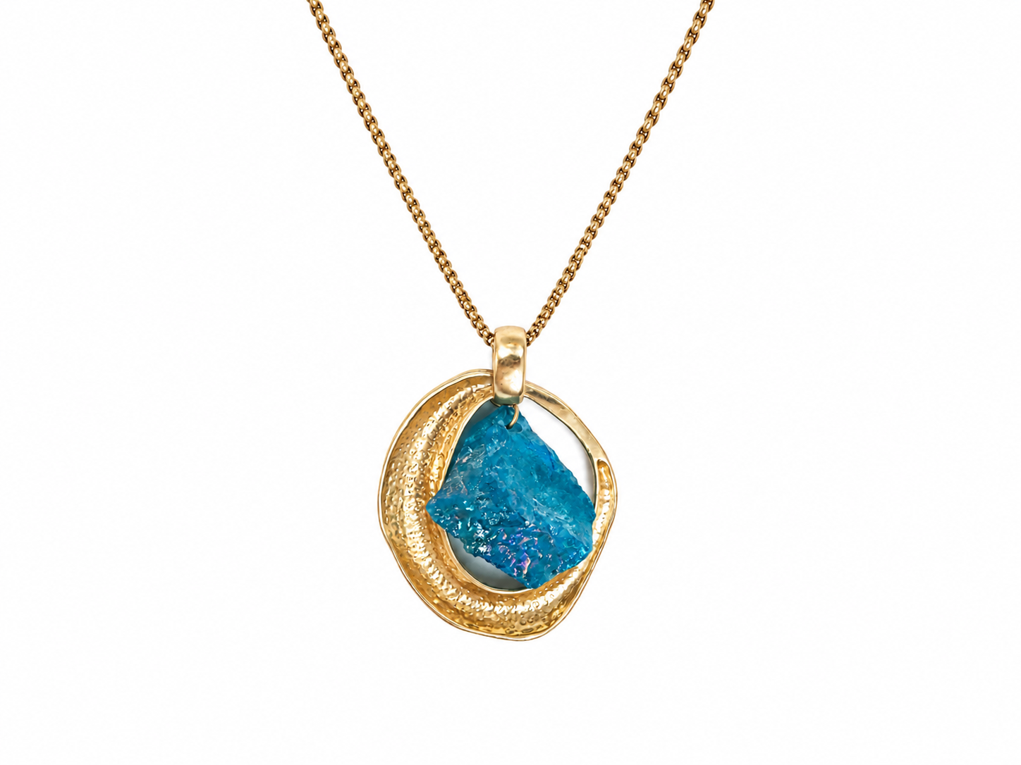 A Long Golden Metal Necklace With An Iridescent Blue Glass Pendant.