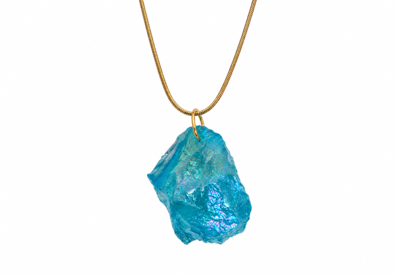 A Turquoise Iridescent Glass Nugget pendant On A Long Golden Metal Chain Necklace.