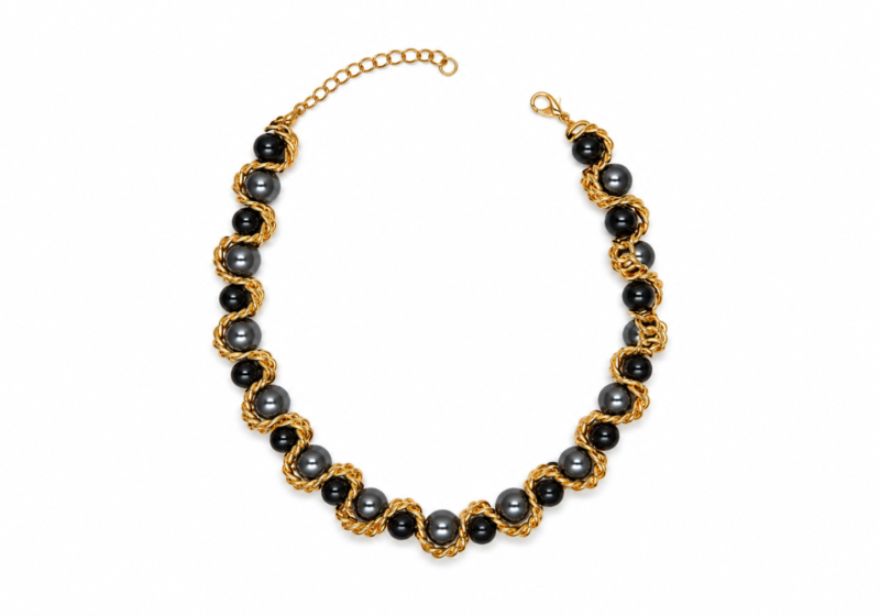 A Golden Metal Chain Necklace With Grey Faceted Glass Round 'Faux Pearls'.