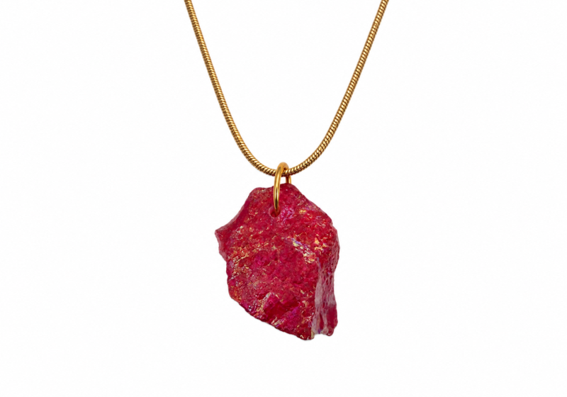 A Red Iridescent Glass Nugget Pendant On A Long Golden Metal Chain Necklace.