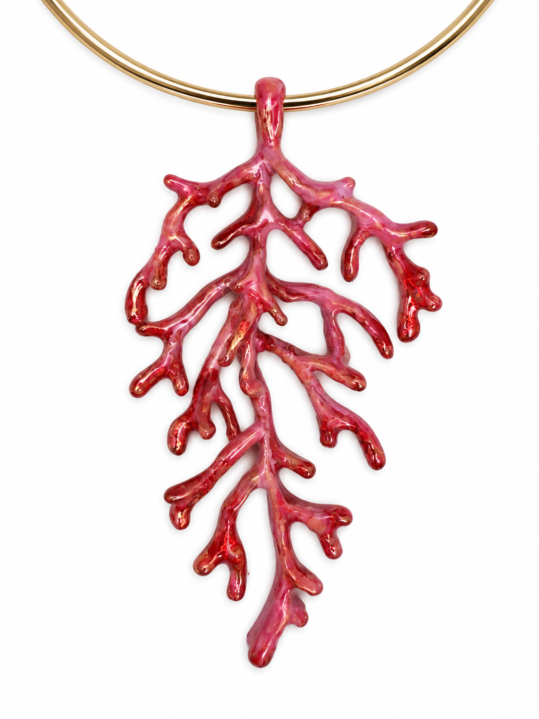 A Pink Painted Golden Metal 'Coral' Branches Pendant On A Golden Metal Circular Band Torque Necklace. - Image 2