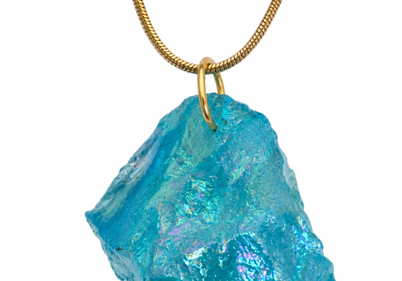 A Turquoise Iridescent Glass Nugget pendant On A Long Golden Metal Chain Necklace.