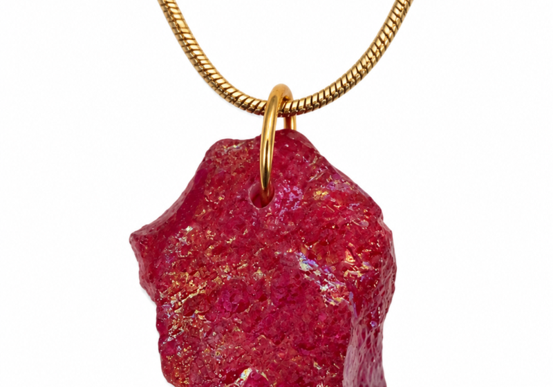 A Red Iridescent Glass Nugget Pendant On A Long Golden Metal Chain Necklace.