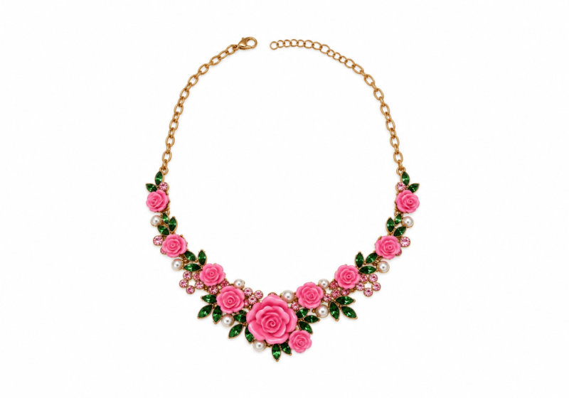 A Golden Metal Necklace With Pink Enamelled Flowers And Pink And White Faceted Glass Cabochons.