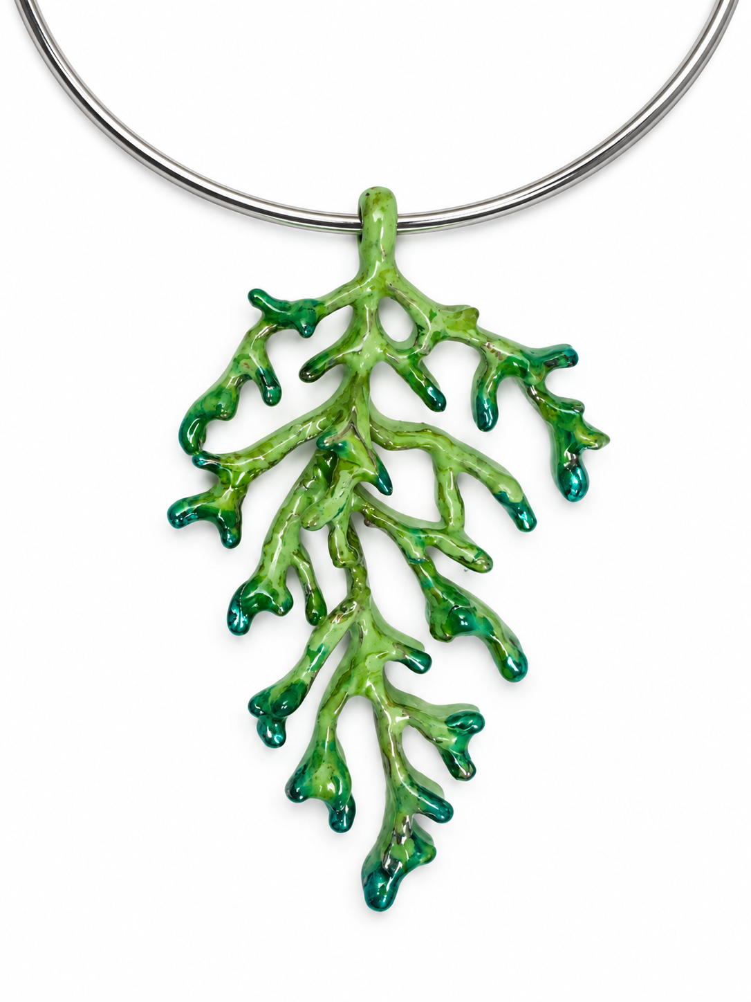A Green Painted Silvered Metal 'Coral' Branches Pendant On A Silvered Metal Circular Band Torque Necklace. - Image 2