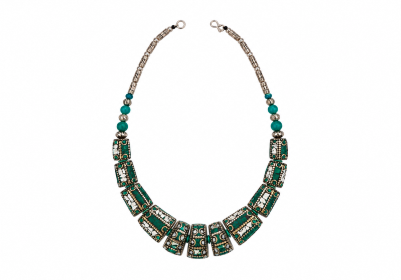A Nepalese Necklace Of Silvered Metal Barrel Beads, Inlaid With Green And White Glass Slices.