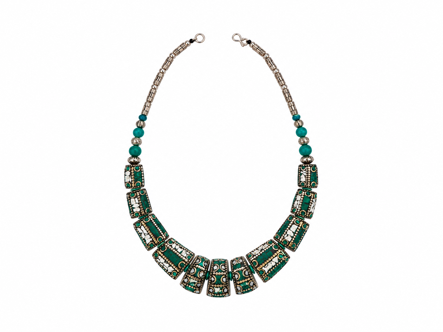 A Nepalese Necklace Of Silvered Metal Barrel Beads, Inlaid With Green And White Glass Slices.