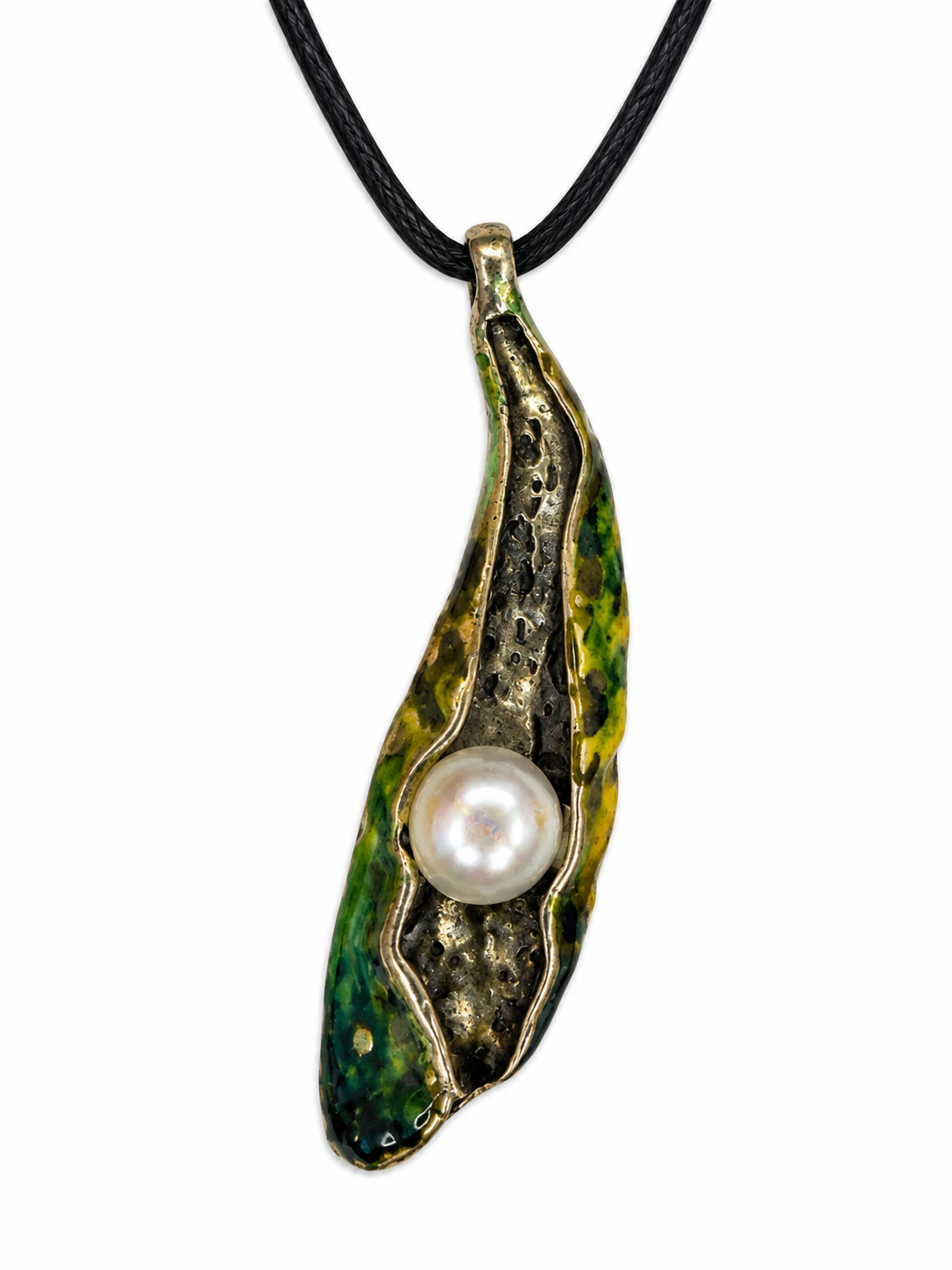 A Green Enamelled Silvered Metal Pendant Of A Leaf With A White Round Glass 'Faux Pearl'.